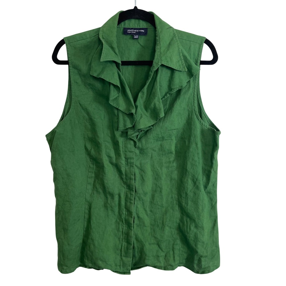 Jones New York Signature Green 100% Linen Ruffle Sleeveless Blouse XL